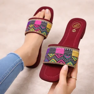 Maroon Ethnic Luxe Flat Slides