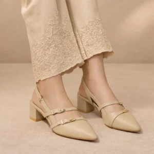 Dual Strap Slingback Block Heel – Ivory Beige